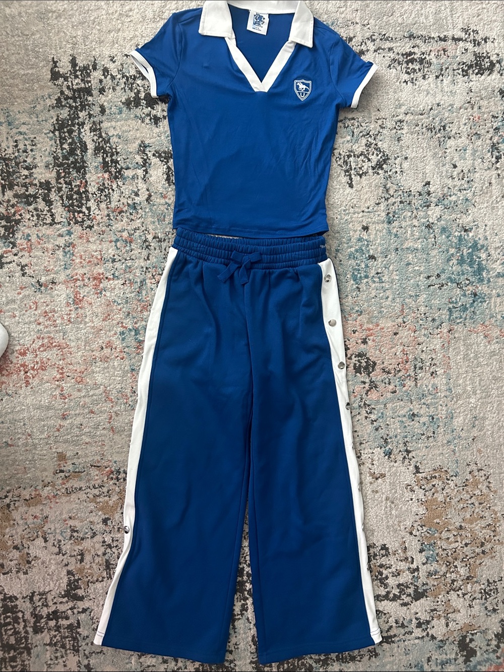 Blue & White Cherry Ringer Tee with Red Track Pants